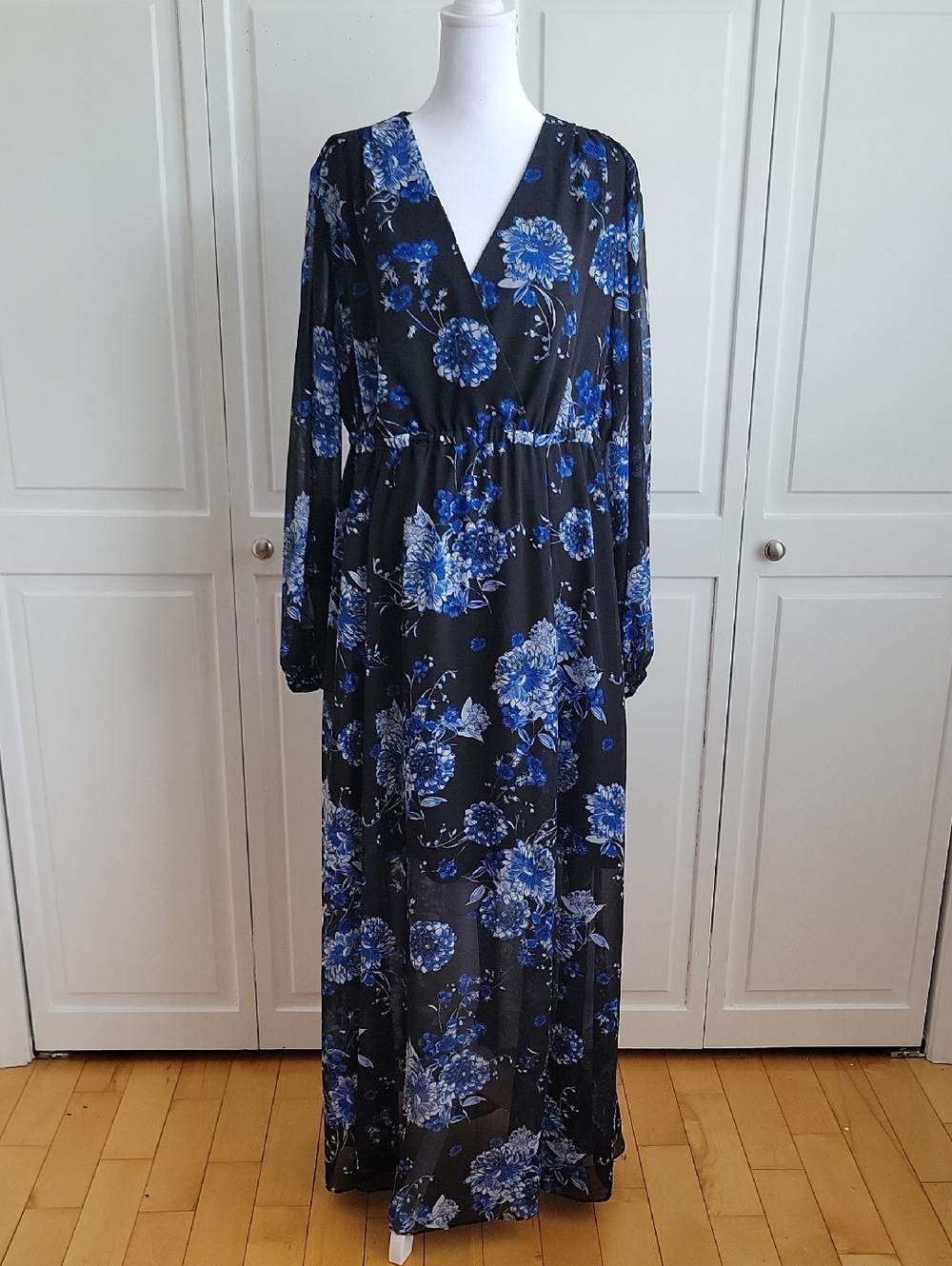 INC International Concepts Black Maxi Dress with Blue Floral Print